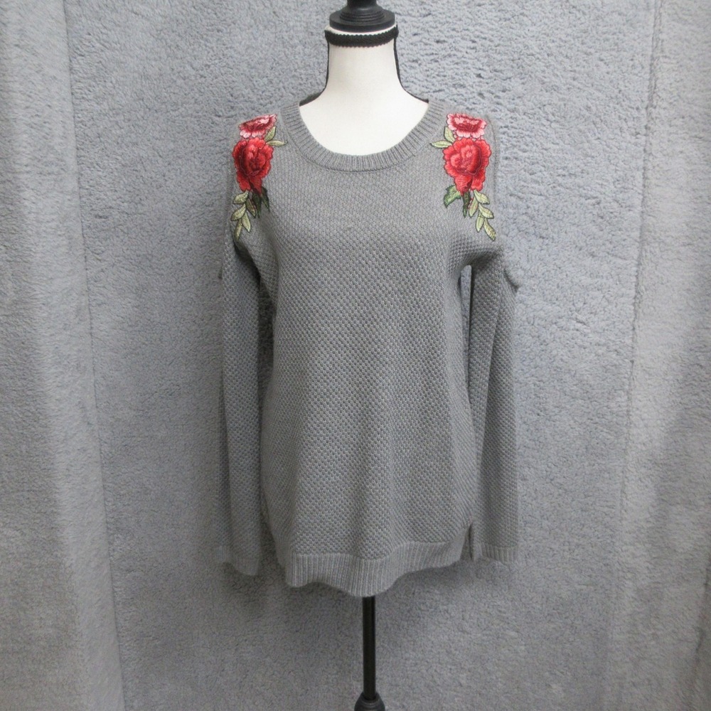 Alya Rose Embroidered Cold Shoulder Sweater Womens L Gray Romantic Grunge New